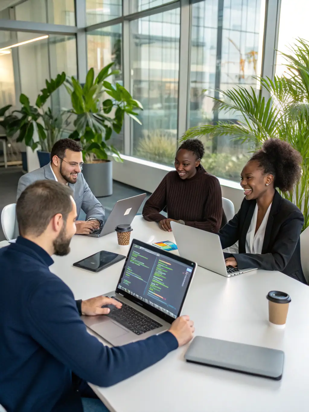 A photograph capturing a diverse group of participants actively engaged in a startup bootcamp session, with laptops and notebooks spread across the tables, set against a backdrop of a modern conference room.