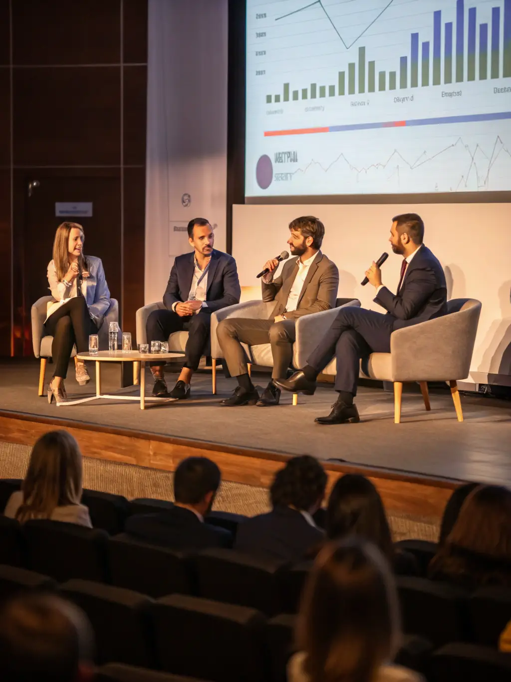 A professional shot of a panel discussion featuring successful entrepreneurs and investors sharing insights at a startup bootcamp event.