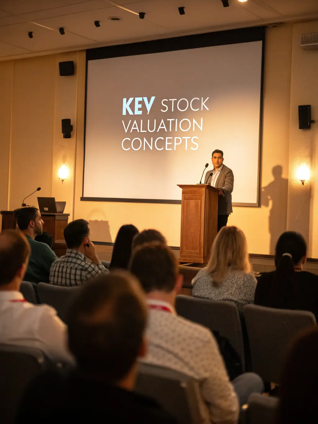 A dynamic image showing a keynote speaker presenting to an attentive audience at a startup bootcamp event, with slides projecting financial data and investment opportunities.