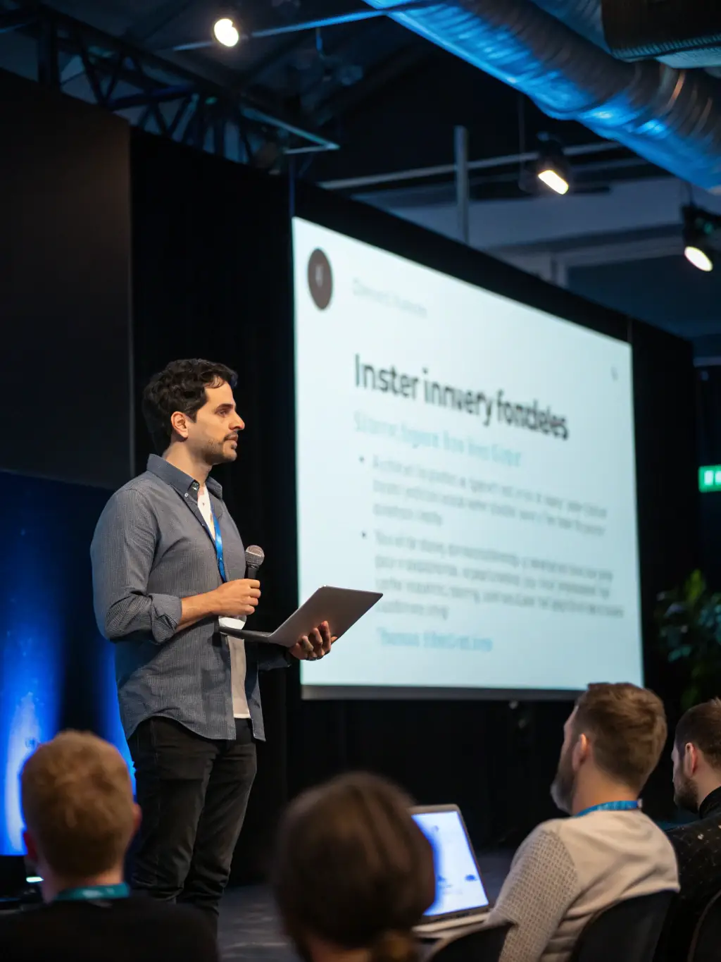 A group of startup founders pitching their ideas to investors at a demo day during a startup bootcamp event.