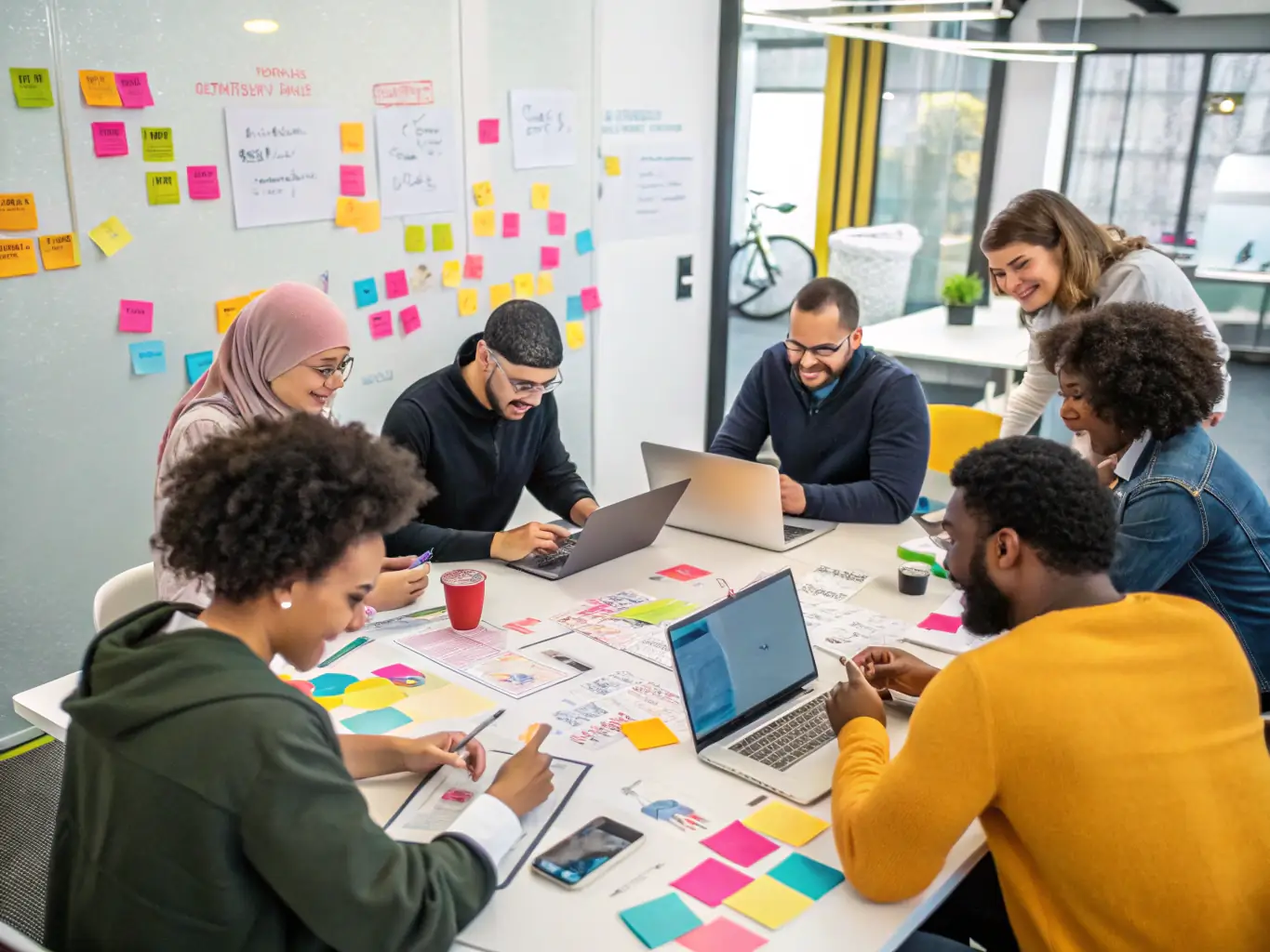 A dynamic image showcasing a group of diverse entrepreneurs collaborating in a modern, brightly lit co-working space, indicative of the collaborative environment fostered at handfulbase.site's startup bootcamp events.